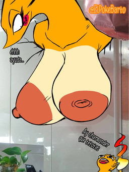 areola big_areola big_breasts blush breasts duo female feral hanging_breasts huge_breasts humor male male/female nipples non-mammal_nipples orange_areola orange_nipples text trend elpokebarto bee_movie nintendo pokemon charizard charmander generation_1_pokemon humanoid pokemon_(species) digital_drawing_(artwork) digital_media_(artwork) hi_res spanish_text