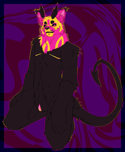 andromorph antennae_(anatomy) anthro big_clitoris black_body black_fur black_nose black_sclera black_teeth circle_eyebrows clitoris ear_tuft eye_markings eyebrows fluffy fur fuzzy genitals humanoid_genitalia humanoid_vulva inner_ear_fluff intersex inviting kneeling markings moth_antennae pink_body pink_eyes pink_fur slim smile smirk solo spade_tail spread_legs spreading tail teeth thin_tail tuft vulva yellow_body yellow_fur braille_(artist) parade_(pinkparade) felid feline hybrid mammal hi_res trans_(lore) trans_man_(lore)