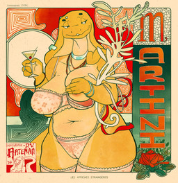 4_fingers abstract_background alcohol anthro art_nouveau beaded_jewelry beaded_necklace beads beverage big_breasts bra bracelet breast_squish breasts camel_toe clothing cocktail cocktail_glass container countershade_hands countershade_legs countershade_neck countershade_torso countershading covering covering_breasts cup drinking_glass eyebrow_piercing eyelashes facial_piercing female fingers flower furgonomic_piercing furgonomics genital_outline glass glass_container glass_cup half-closed_eyes hand_on_breast holding_glass holding_object jewelry leggings legwear looking_aside martini mature_anthro mature_female narrowed_eyes navel necklace nipples non-mammal_breasts non-mammal_navel non-mammal_nipples one_breast_out panties piercing plant ribbons ring_(jewelry) scales slightly_chubby slightly_chubby_anthro slightly_chubby_female snake_hood snake_hood_piercing solo squish standing tail text thick_thighs underwear vulva_outline wide_hips yellow_body yellow_scales deltav debra_(deltav) cobra reptile scalie snake 2026 absurd_res alternate_version_at_source dated digital_media_(artwork) digital_painting_(artwork) french_text hi_res painting_(artwork) portrait restricted_palette signature three-quarter_portrait