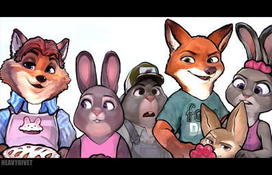 anthro apron clothing collared_shirt ear_tie family_portrait female food group hat headgear headwear husband husband_and_wife male married_couple overalls popsicle scrunchie shirt sleeveless_shirt t-shirt topwear trucker_hat wife heavyrivet disney zootopia bonnie_hopps finnick_(zootopia) gideon_grey judy_hopps nick_wilde stu_hopps canid canine european_rabbit fennec_fox fox lagomorph leporid mammal oryctolagus rabbit red_fox true_fox daughter_(lore) father_(lore) father_and_child_(lore) father_and_daughter_(lore) mother_(lore) mother_and_child_(lore) mother_and_daughter_(lore) parent_(lore) parent_and_child_(lore) parent_and_daughter_(lore)