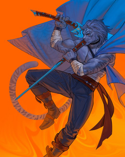 anthro beard blue_beard blue_body blue_bottomwear blue_clothing blue_facial_hair blue_fur blue_hair bottomwear clothed clothing facial_hair fur hair holding_melee_weapon holding_object holding_sword holding_weapon male male_anthro markings melee_weapon mouth_closed muscular muscular_anthro muscular_male narrowed_eyes orange_background pecs red_eyes simple_background solo striped_arms striped_markings striped_tail stripes sword tail tail_markings topless weapon edvardiko ed_(edvardiko) felid mammal absurd_res hi_res