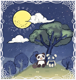 anthro black_body black_nose chibi detailed_background dot_eyes duo moon night outside plant simple_eyes sitting tree white_body araru bear giant_panda mammal 2021 absurd_res hi_res