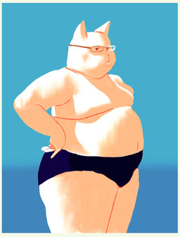 anthro belly biped blue_background border breasts clothing crop_top eyewear female glasses gradient_background hand_on_hip looking_at_viewer navel rectangular_glasses shirt simple_background slightly_chubby solo standing topwear underwear wearing_glasses white_body white_border boarboy domestic_cat felid feline felis mammal absurd_res digital_media_(artwork) digital_painting_(artwork) hi_res painting_(artwork)