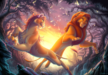 action_pose blue_eyes cheek_tuft chest_tuft duo eye_contact facial_tuft fangs female feral forest fur hair looking_at_another male mane mane_hair open_mouth orange_body orange_fur pawpads paws pink_nose pink_pawpads plant pose red_eyes round_ears sky small_ears smile smiling_at_another smiling_at_each_other tail tail_tuft tan_body tan_fur teeth tree tuft waterfall whiskers yellow_sclera omega_lioness disney the_lion_king simba_(the_lion_king) felid lion mammal pantherine 2025 colored detailed digital_drawing_(artwork) digital_media_(artwork) hi_res shaded
