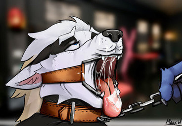 anthro bodily_fluids chain collar cum cum_in_mouth cum_inside cum_on_face dental_gag duo ejaculation gag genital_fluids leash leash_pull leashed_collar leather leather_strap male male/male open_mouth straps tongue tongue_out pleaxwolf nintendo pokemon arcanine canid canine canis generation_1_pokemon mammal pokemon_(species) wolf hi_res