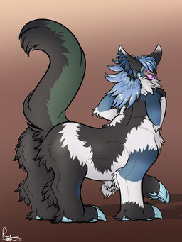 ambiguous_gender ankle_tuft arm_tuft barely_visible_pawpads big_claws big_feet big_hair black_body black_fur blue_body blue_claws blue_fur blue_hair butt_tuft claws ear_piercing elbow_tuft feet fluffy fluffy_tail fur green_body green_fur hair inner_ear_fluff leg_tuft looking_back machine multicolored_body multicolored_fur neck_tuft one_leg_up open_mouth piercing raised_leg shoulder_tuft side_view slightly_chubby smile solo standing tail tuft white_body white_fur ryshokka_syre ryshokka_syre_(character) mammal protogen protogen_taur taur 2025 3:4 digital_drawing_(artwork) digital_media_(artwork) full-length_portrait hi_res portrait shaded signature gynomorph_(lore)