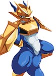 anthro armor blue_body blush bottomless clothed clothing gold_(metal) gold_armor male muscular red_eyes solo byshz2000 bandai_namco digimon digimon_(species) magnamon hi_res