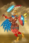 american_flag anthro areola armor armwear arrow_(weapon) beak big_breasts bikini blue_cape blue_clothing blue_eyes breasts brown_areola brown_body brown_feathers camel_toe cape clothing eyelashes feathers female headgear helmet holding_melee_weapon holding_object holding_shield holding_sword holding_weapon legwear melee_weapon navel one-piece_swimsuit open_mouth pattern_armwear pattern_clothing pattern_legwear ranged_weapon red_armwear red_clothing red_legwear shield sling_bikini solo sparkles striped_armwear striped_clothing striped_legwear stripes swimwear sword thick_thighs two-piece_swimsuit united_states_of_america weapon white_body white_feathers wide_hips bythebook accipitrid accipitriform avian bald_eagle bird eagle sea_eagle hi_res