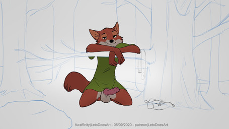 anatomically_correct anatomically_correct_genitalia anatomically_correct_penis animal_genitalia animal_penis anthro balls biped black_eyebrows black_eyes black_nose bottomless canine_genitalia canine_penis clothed clothing erection eyebrows forest front_view fur genitals green_clothing green_shirt green_topwear kneeling knot looking_at_viewer male multicolored_body multicolored_fur penis pink_penis plant red_body red_fur red_tail shirt smile smirk solo tail topwear tree two_tone_body two_tone_fur white_balls white_body white_fur letodoesart disney robin_hood_(disney) robin_hood canid canine fox mammal red_fox true_fox 16:9 2020 digital_media_(artwork) hi_res sketch widescreen