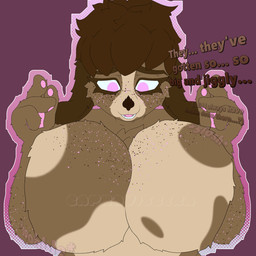 anthro big_breasts breast_squish breasts brown_hair dialogue ears_down eyelashes female freckled_arms freckled_breasts freckled_face freckles fur gender_nonconforming hair huge_breasts long_eyelashes paws pink_eyes pivoted_ears short_hair shy solo speckle_freckles squish text capraviscera animal_crossing nintendo digby_(animal_crossing) canid canine mammal 1:1 hi_res busty_boy_(lore)