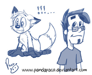 anthro clothed clothing duo eyewear glasses glistening glistening_eyes logo male male_anthro male_human mouth_closed nude open_mouth rectangular_glasses shirt simple_background sitting t-shirt topwear young young_anthro young_male pandapaco canid canine fox human mammal artist_logo monochrome signature