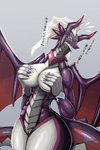 anthro big_breasts blush breasts female genitals hand_on_breast horn membrane_(anatomy) membranous_wings nude pussy scales solo tail text wings kanakakia konami mythology yu-gi-oh! dragonmaid_sheou dragon dragonmaid_(yu-gi-oh!) duel_monster mythological_creature mythological_scalie scalie 2:3 absurd_res hi_res translation_request