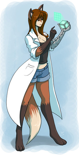 3_toes anthro barefoot big_breasts biped black_clothing black_nose black_shirt black_topwear blue_background blue_bottomwear blue_clothing blue_shorts border bottomwear breasts brown_body brown_hair brown_markings cleavage closed_smile clothed clothed_anthro clothed_female clothing coat countershade_face countershade_neck countershade_torso countershading cube cube_(object) cybernetic_arm cybernetic_limb cybernetics denim denim_bottomwear denim_clothing denim_shorts dipstick_tail ear_tuft feet female female_anthro fingers front_view fully_clothed fully_clothed_anthro fully_clothed_female gloves_(marking) green_eyes hair heterochromia holding_object hologram hotpants humanoid_hands inner_ear_fluff lab_coat leg_markings long_hair looking_at_object machine markings midriff monotone_clothing monotone_coat monotone_hair monotone_shirt monotone_topwear mouth_closed multicolored_body orange_body orange_tail pointy_ears prosthetic prosthetic_arm prosthetic_limb red_eyes robotics rolled_up_sleeves science shirt shorts simple_background small_nose smile socks_(marking) solo standing tail tail_markings tan_body tan_breasts tan_countershading tan_inner_ear_fluff tan_markings tan_tail_tip tan_tuft three-quarter_view toes topwear tuft undershirt white_border white_clothing white_coat white_sclera white_topwear dmxwoops dragon_man_x_(artist) zoey_soul canid canine cyborg fox mammal 2014 dated digital_media_(artwork) english_description full-length_portrait portrait shaded simple_shading