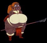 big_breasts big_butt boots bottomwear breasts brown_body brown_skin butt clothing dreadlocks female footwear glaive hair heterochromia huge_breasts huge_butt huge_thighs lips loincloth melee_weapon nipple_outline orange_hair polearm purple_eyes red_clothing shoes solo thick_lips thick_thighs tusks weapon desbjust urzel_yroh_(desbjust) humanoid orc alpha_channel hi_res