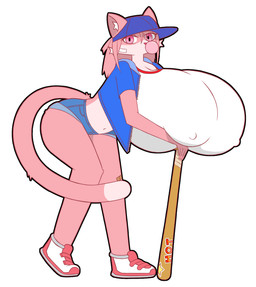 anthro band-aid bandage baseball_bat baseball_cap bat_(object) big_breasts breasts bubble_gum clothing erect_nipples female fur hat headgear headwear huge_breasts hyper hyper_breasts looking_at_viewer nipple_outline nipples pink_body pink_fur solo wafflecat domestic_cat felid feline felis mammal hi_res