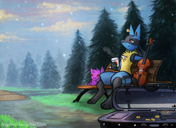 ambiguous_gender anthro bench biped bowed_string_instrument coin detailed_background ear_piercing forest money musical_instrument on_bench outside park piercing plant plushie red_eyes sitting snow snowing solo string_instrument tipping tree violin haychel nintendo pokemon canid canine generation_1_pokemon generation_4_pokemon gengar ghost lucario mammal pokemon_(species) spirit digital_media_(artwork)