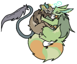 alius(oc) ambiguous_fluids andy(oc) antennae_(anatomy) brown_body brown_fur dragon-like duo female female/female feral fur green_body green_fur horn hot_breath katinspace long_tail mane mantle tail touching_flank alien felid feline hybrid mammal
