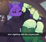 annoyed anthro black_clothing black_topwear breasts butt butt_focus camel_toe car clothed clothing digitigrade duo female fur green_arms green_body green_butt green_fur green_legs green_tail hand_on_back hip_grab inside_car inside_vehicle male male/female purple_body purple_ears purple_fur selfie tail text topwear vehicle wide_hips ki_kidrew he_wants_to_order mob_entertainment nintendo pokemon poppy_playtime smiling_critters catnap_(poppy_playtime) ivy_(ki_kidrew) domestic_cat felid feline felis generation_9_pokemon mammal meowscarada pokemon_(species) absurd_res english_text hi_res meme meme_origin