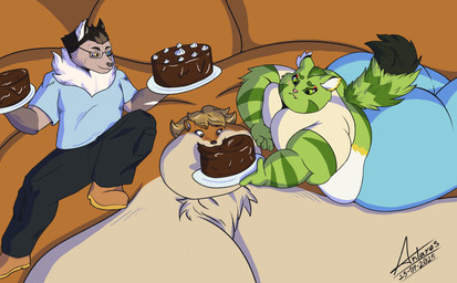 anthro blouse blue_eyes boots bottomwear breasts brown_body brown_eyes brown_fur brown_hair brown_nose cake candy cargo_pants chest_tuft chocolate chocolate_cake chubby_cheeks clothing denim denim_bottomwear denim_clothing dessert dewlap_(anatomy) feeding female fluffy fluffy_tail food footwear fur green_body green_eyes green_fur green_hair group hair heterochromia jeans love_handles lying male morbidly_obese morbidly_obese_female neck_tuft obese obese_anthro obese_female on_side overweight overweight_anthro overweight_female pants phoebe_(gngrgreene) pink_nose poisoned scar shirt shoes striped_body stripes t-shirt tail tan_body tan_fur topwear trio tuft white_body white_fur yellow_body yellow_eyes yellow_fur antares_alexanyel antares_lagos_de_muertos carol_fatcat canid canine canis felid feline felis mammal mexican_wolf mustelid nahual otter wildcat wolf hi_res