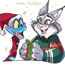 anthro blue_body blue_scales clothing duo feral fur grey_body grey_fur male scales simple_background smile sweater topwear yellow_eyes pino2525 disney zootopia gary_de'snake pawbert_lynxley canada_lynx felid feline lynx mammal pit_viper reptile scalie snake viper 1:1 hi_res
