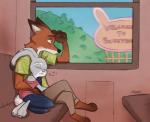 anthro barefoot blue_sky claws cuddling day duo eyes_closed feet female fields fur green_eyes grey_body grey_fur inside inside_train male orange_body orange_fur pink_nose public_transportation sign sky sleeping sound_effects toe_claws train vehicle vowelless vowelless_sound_effect zzz rockbottomfeeder disney zootopia judy_hopps nick_wilde canid canine fox lagomorph leporid mammal rabbit red_fox true_fox 2016