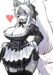 anthro big_breasts bottomwear breasts cleavage clothed clothing clothing_lift female heart_symbol kemono legwear looking_at_viewer maid_uniform skirt skirt_lift solo stockings uniform ookamiwaho okami_bark canid canine canis mammal wolf hi_res