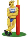 american_football anthro bulge cleats clothing crop_top fangs football_field fur goalpost horn jockstrap male midriff shirt solo sport teeth text text_on_clothing text_on_topwear topwear underwear yellow_body yellow_fur beastsauc3 dj_strap cervine deer mammal muntjac absurd_res hi_res