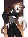 anthro arm_warmers armwear black_bottomwear black_clothing black_pants bottomwear chin_piercing clothing crop_top fishnet_clothing fishnet_topwear male pants shirt solo tail topwear peachmuffin felid lion mammal pantherine hi_res