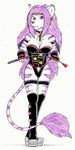 anthro big_daddy_cruel biped black_collar breasts clothing collar corset dominant dominant_anthro dominant_female ear_piercing ear_ring felid feline female hair lingerie mammal piercing purple_hair riding_crop ring_piercing simple_background solo standing topwear whip white_background