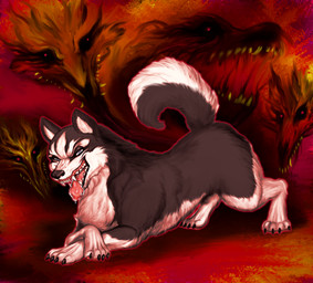 aggressive bedroom_eyes black_nose blue_eyes bodily_fluids crossed_arms female feral fur grey_body grey_fur group looking_at_viewer multicolored_body multicolored_fur narrowed_eyes paws saliva saliva_on_tongue seductive summoning tail thoot tongue tongue_out white_body white_fur foxxxiny90 sariel_(feral_frenzy) canid canine canis demon domestic_dog husky mammal nordic_sled_dog spitz succubus absurd_res hi_res