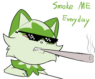 ambiguous_gender cigarette drugs eyewear feral fur green_body green_fur humor smoke smoking solo sunglasses steel_cat nintendo pokemon smoke_weed_everyday felid feline generation_9_pokemon mammal pokemon_(species) sprigatito 6:5 absurd_res hi_res meme