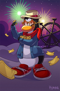 anthro black_body black_fur blue_clothing blue_jacket blue_topwear clothed clothing eyewear fireworks footwear fur glasses hat headgear headwear holding_ticket jacket looking_at_viewer male open_clothing open_jacket open_topwear outside purple_sky red_clothing red_footwear red_scarf red_shoes scarf shirt shoes sky solo star_glasses text topwear white_clothing white_shirt white_topwear kimbacpt club_penguin avian bird penguin artist_name hi_res signature