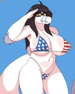 american_flag_bikini anthro big_breasts bikini black_hair blue_background blush body_blush breast_blush breasts clothed clothed_anthro clothed_female clothing elbow_feathers eyebrow_through_hair eyebrows feathered_tail feathers female fingers flag_bikini flag_swimwear front_view gesture grey_body grey_feathers hair hand_behind_back happy holidays huge_breasts humanoid_hands long_hair long_tail looking_at_viewer markings navel nipple_outline non-mammal_navel patriotism politics salute sharp_teeth simple_background smile snaggle_tooth solo standing striped_markings stripes swimwear tail teeth text translucent translucent_hair two-piece_swimsuit white_body yellow_eyes hyuvevo 4th_of_july cavemanon_studios i_wani_hug_that_gator lunara_(iwhtg) bambiraptor dinosaur dromaeosaurid prehistoric_species reptile saurischian scalie theropod absurd_res artist_name colored hi_res portrait shaded three-quarter_portrait