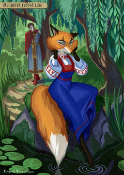 anthro barefoot black_facial_markings black_markings blue_clothing blue_dress cheek_tuft cloak clothed clothing detailed_background digitigrade dress duo facial_markings facial_tuft feet female folk_clothes foot_in_water forest grass hand_on_cheek head_markings looking_sideways male markings medieval_clothing moss narrowed_eyes nature nature_background no_shoes nobleman novgorad_republic on_rock outside pathway plant pond ripples rock sitting tail tail_in_water tall_grass tree tuft walking yellow_eyes sir_paulus lisabeth_(lord_paulus) pavel_(sir_paulus) canid canine fox human mammal hi_res story story_in_description