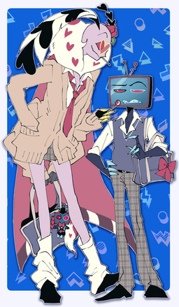 candy clothed clothing crossdressing dessert duo electronics food for_a_head keychain lollipop male school_uniform screen screen_face television uniform wings maruboku_b hazbin_hotel hellaverse valentino_(hazbin_hotel) vox_(hazbin_hotel) arthropod humanoid insect lepidopteran moth object_head screen_head tv_head hi_res
