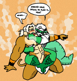 anthro armband atlas_(goodjobrammy) big_tail blush bodily_fluids boots bubble clothing costume defeated dialogue dominant_nonbinary dripping duo finger_in_mouth footwear genital_fluids hair humanoid_ears humiliation kneeling legwear male male/male mask muscular musk nipple_fetish nipple_play nipples piercing ponytail precum precum_drip questionable_consent ring shoes sport sportswear submissive submissive_male tail tattoo text thumb_in_mouth tights wrestler wrestling goodjobrammy_(artist) diamondback_(goodjobrammy) american_opossum haplorhine mammal marsupial monkey primate english_text hi_res nonbinary_(lore)