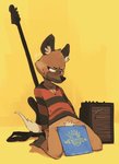 amplifier anthro barefoot bass_guitar blush bottomless bottomless_anthro bottomless_male clothed clothing convenient_censorship embarrassed feet guitar kneeling looking_away male musical_instrument plucked_string_instrument pose pubes simple_background solo string_instrument toes yellow_background edtropolis aggretsuko sanrio ween_(band) haida_(aggretsuko) hyena mammal spotted_hyena 2020 hi_res pinup signature