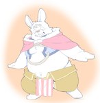 anthro belly clothed clothing eyes_closed fur kemono male navel overweight overweight_male solo white_body white_fur inunoshippo lagomorph leporid mammal rabbit 2022 hi_res