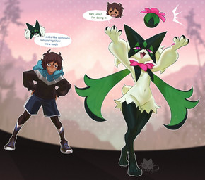 anthro body_swap breast_curtains breasts clothed clothing dialogue duo female female_anthro flower_trick male male/female male_human nude small_breasts speech_bubble text purrrquernya nintendo pokemon axel_(poke789) generation_9_pokemon human mammal meowscarada pokemon_(species) english_text