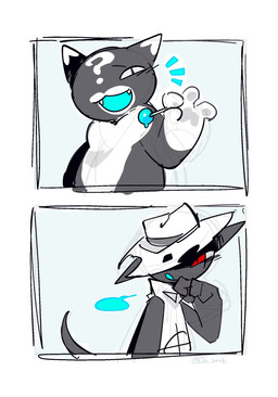 4_fingers anthro biped candy clothing cowboy cowboy_hat dessert duo fingers food hat headgear headwear male open_mouth open_smile question_mark red_eyes sharp_teeth simple_background smile speech_bubble teeth toony white_background carbontrioxide mewgenics gambit_(mewgenics) zodiac_(mewgenics) domestic_cat felid feline felis mammal 2026 comic digital_media_(artwork) guide_lines hi_res