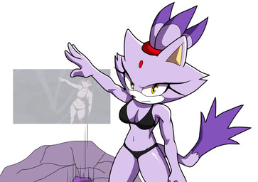 anthro bikini black_bikini black_clothing black_swimwear breasts clothing dipstick_tail eyelashes female forehead_gem fur gem markings medium_breasts navel purple_body purple_fur solo swimwear tail tail_markings two-piece_swimsuit white_body white_fur yellow_eyes b00tlg5347 sega sonic_the_hedgehog_(series) blaze_the_cat domestic_cat felid feline felis mammal 2026 hi_res