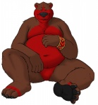 4_toes belly black_nose bracelet brown_body brown_fur claws eyes_closed featureless_crotch feet fur jewelry male nude overweight overweight_male red_body red_fur simple_background sitting smile solo toes white_background kronexfire bear mammal