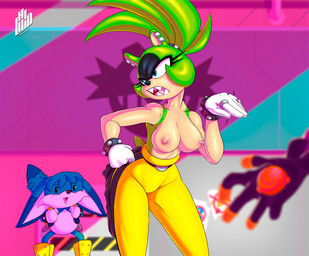 anthro areola barbell_piercing belt big_breasts big_ears black_body black_fur black_nose blue_body blue_eyes blue_fur blush bottomwear bracelet breasts cheek_tuft clothed clothing duo ear_piercing ears_down eyelashes facial_markings facial_tuft female floppy_ears front_view fur gloves green_body green_fur hand_on_hip handwear head_markings jewelry larger_female long_eyelashes male markings nipple_dip nipple_piercing nipples open_mouth pants piercing pink_areola pink_nipples pivoted_ears ring sharp_teeth size_difference smaller_male studded_bracelet studded_jewelry studs tan_body tan_fur teeth thick_thighs topless tuft white_body white_clothing white_fur white_gloves white_handwear wide_hips yellow_bottomwear yellow_clothing yellow_pants hiliwd idw_publishing sega sonic_the_hedgehog_(comics) sonic_the_hedgehog_(idw) sonic_the_hedgehog_(series) kitsunami_the_fennec surge_the_tenrec afrosoricid canid canine canis domestic_dog fennec_fox fox hybrid mammal tenrec true_fox absurd_res hi_res