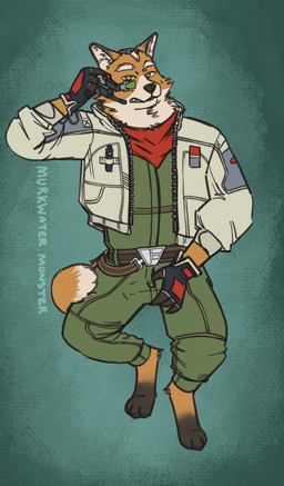 anthro clothed clothing crotch_grab fully_clothed grope male science_fiction self_grope solo murkwater.monster nintendo star_fox star_fox_(2026) fox_mccloud canid canine fox mammal hi_res