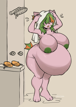 anthro areola belly big_belly big_breasts breasts drying drying_hair eyewear female glasses green_areola green_hair green_nipples hair hair_over_eyes huge_belly hyper hyper_belly hyper_pregnancy navel nipples nude nude_anthro nude_female open_mouth orange_nose outie_navel pregnant pregnant_anthro pregnant_female puddle round_glasses short_tail shower solo standing tail water murninatair aquatic domestic_cat felid feline felis fish hybrid mammal digital_drawing_(artwork) digital_media_(artwork) hi_res