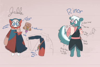 anthro bag blue_body blue_eyes blue_fur cloak clothed clothing duo female fur hair multicolored_body pink_eyes scar shirt text topwear tunic white_body white_fur gazaster cult_of_the_lamb massive_monster_(studio) jalala_(cult_of_the_lamb) rinor_(cult_of_the_lamb) bear giant_panda mammal mephitid skunk 2026 3:2 digital_media_(artwork) english_text hi_res model_sheet