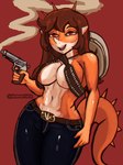 5_fingers anthro big_breasts big_tail bottomwear breasts brown_hair bullet_belt clothed clothing cosplay curvy_anthro curvy_female curvy_figure denim denim_bottomwear denim_clothing eyelashes facial_horn female fingers glistening glistening_body glistening_scales gun hair handgun head_spikes holding_gun holding_object holding_ranged_weapon holding_weapon horn jeans long_hair long_tail looking_at_viewer multicolored_body multicolored_scales navel nose_horn open_mouth open_smile orange_body orange_scales pants pistol ranged_weapon red_background red_eyes scales simple_background skimpy smile solo spiked_tail spikes spikes_(anatomy) tail tan_body tan_scales thick_thighs two_tone_body two_tone_scales voluptuous voluptuous_anthro voluptuous_female weapon wide_hipped_anthro wide_hipped_female wide_hips dannoartista cavemanon_studios goodbye_volcano_high grand_theft_auto grand_theft_auto:_san_andreas rockstar_games snoot_game rosa_(gvh) aquilops ceratopsian dinosaur ornithischian prehistoric_species reptile scalie 2024 absurd_res artist_name digital_drawing_(artwork) digital_media_(artwork) hi_res watermark