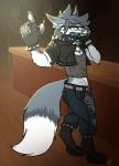 anthro clothed clothing electronics eyewear fingerless_gloves glasses gloves hair handwear male open_mouth phone solo standing eda canid canine fox mammal absurd_res hi_res