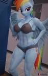 3d_(artwork) 5:8 abs anthro anthrofied athletic athletic_female blue_body blue_feathers bra breasts clothing digital_media_(artwork) equid equine feathers female friendship_is_magic hand_on_hip hasbro hi_res mammal muhjob muscular muscular_female my_little_pony mythological_creature mythological_equine mythology nipple_outline pegasus rainbow_dash_(mlp) underwear wings
