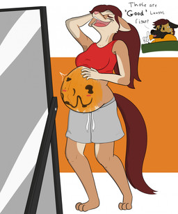 accessory anthro belly big_belly black_body black_fur bodily_fluids bodypaint bottomwear brown_body brown_fur brush clothed clothing dialogue duo eyes_closed female fetal_movement fur hair hair_accessory hair_tie holidays jack-o'-lantern laughing_at male male/female mirror multicolored_body multicolored_fur navel orange_background outie_navel paintbrush painting_body pink_nose ponytail pregnant pregnant_anthro pregnant_female pumpkin_belly raised_clothing raised_shirt raised_tank_top raised_topwear red_hair romantic romantic_couple shirt shorts simple_background sweat t-shirt tail tank_top text tied_hair topwear white_body white_fur zenzzohyr halloween dustin_(zenzzohyr) sasha_(zenzzohyr) african_wild_dog canid canine mammal 2023 english_description english_text hi_res